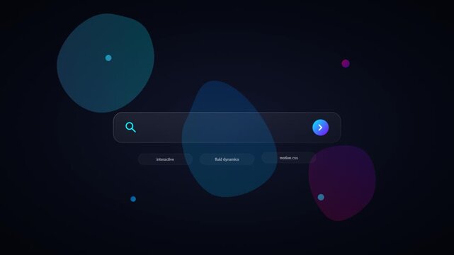 Glassmorphism search bar interface animation on dark abstract background