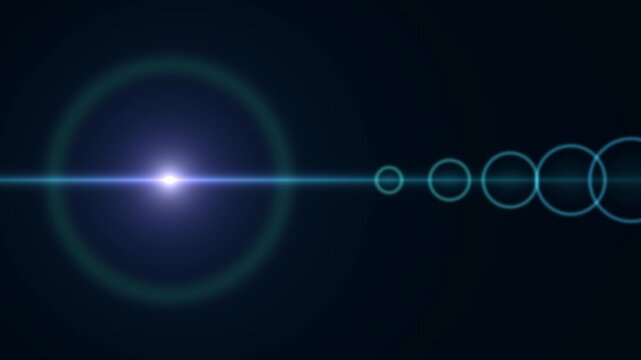Abstract cinematic optical lens flare moving with blue horizontal anamorphic&nbsp;light streak and ghosting rings seamless loop animation