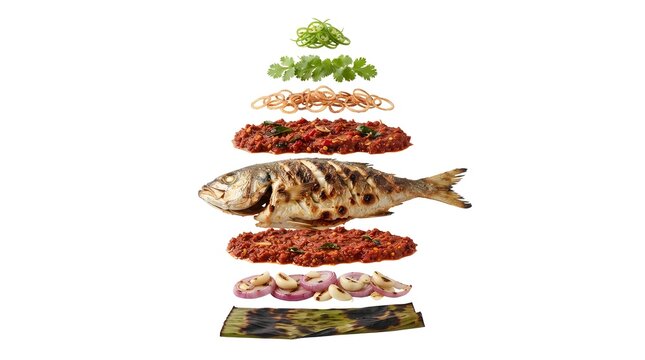 Exploded View of Maldivian Fihunu Mas Grilled Fish with Spicy Chili Sambal, Onions, and Banana Leaf Isolated on a Clean White Background