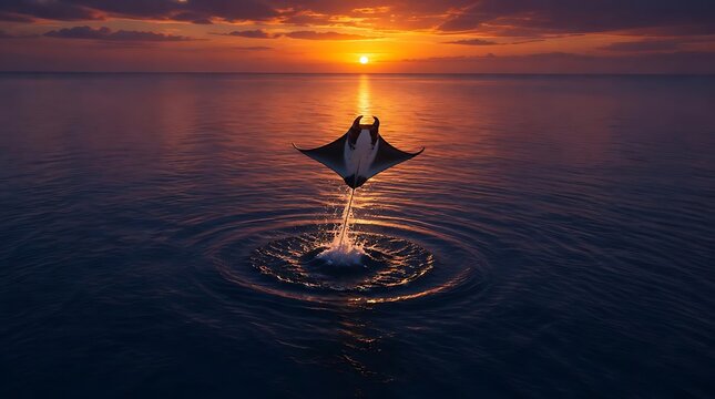 Dramatic high-speed action shot of a manta ray leaping out of the ocean at sunset with a vibrant orange sky and circular water ripples in nature.