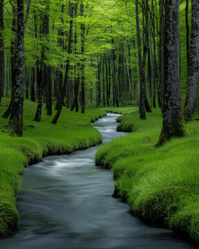 Tranquil Forest Oasis. Gentle Breeze Whispers Through Lush Canopy as Nearby Streams Trickle, Creating Nature's Symphony for Meditation and Relaxation Enthusiasts. Serene Woodland Retreat.