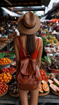 Backpacker Enjoying Local Artisan Craftsmanship in Bustling Market Under Vibrant Blue Skies