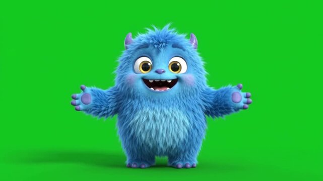 Cute blue monster idle loop on green screen for halloween.