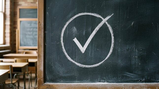 Chalk checkmark symbol inside circle on classroom blackboard.