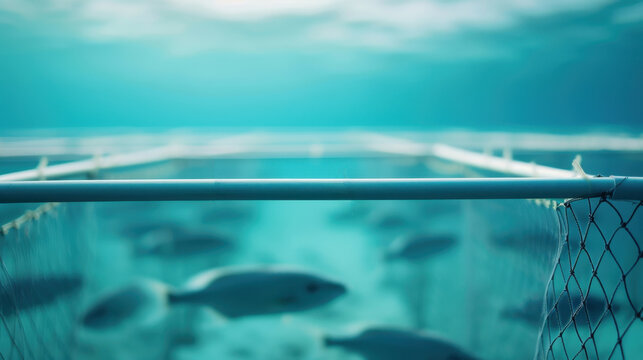 Advanced aquaculture system operating underwater, utilizing 6G technology for simultaneous monitoring and control, revolutionizing sustainable marine farming practices and enhancing productivity.