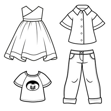 Beautiful casual clothes jeans, summer dress, blouse and T shirt outline for coloring on a white background
