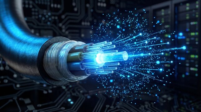 fiber optic cable transmitting glowing blue light data over dark server circuit background. fast broadband internet connection concept. banner, website header.