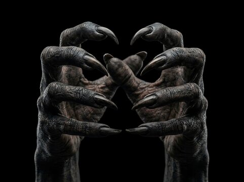 Dark monster hands with sharp claws reaching forward on black