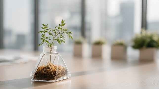 A small plant in a unique glass vase sits on a wooden desk, with blurred office buildings in the background