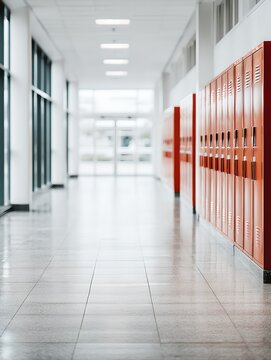 An empty school hallway with orange lockers lining the wall and large windows reflecting the outside