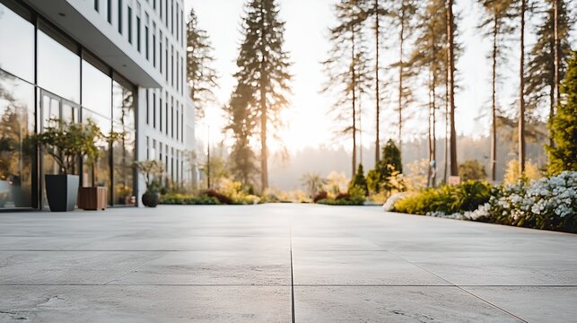 A modern office building facade with large windows reflecting a forest landscape at sunset