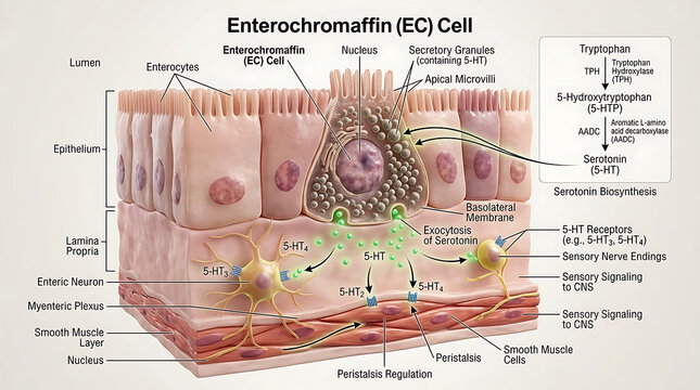3D Photorealistic Complete Human Enterochromaffin Cell Anatomy with Serotonin Biosynthesis Granules and GI Motility Regulation