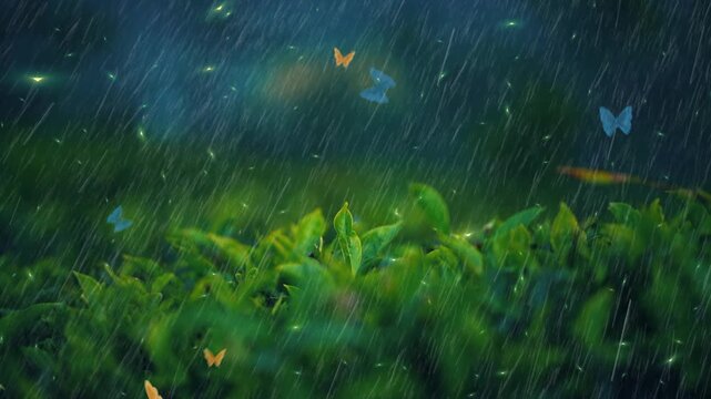 Butterflies fly above green tea leaves in a rainy field during a dark evening atmosphere with video lush green field flying butterflies falling rain under dark sky precipitation environmental storm
