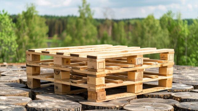 Eco-friendly wooden pallets neatly stacked in a warehouse. Renewable resources and sustainable practices in the logistics and transport industry. Eco-conscious choices for material reuse.