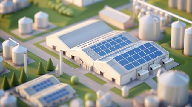 A scene illustrating an aerial view of an animal feed factory, with agricultural silos, grain storage silos, and solar panels on the roofs, focusing on the industrial landscape and sustainable energy