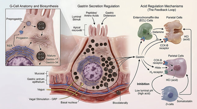 3D Photorealistic Complete Human Gastric G-cell Anatomy with Gastrin Biosynthesis Secretion and Acid Regulation
