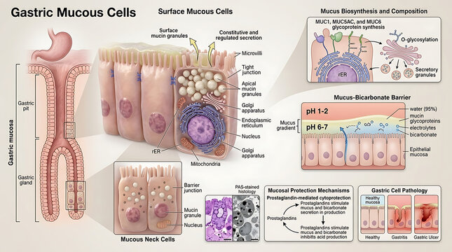 3D Photorealistic Complete Human Gastric Mucous Cell Anatomy with Mucus Biosynthesis Secretion and Mucosal Protection