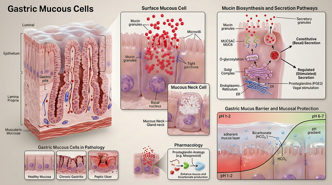 3D Photorealistic Complete Human Gastric Mucous Cell Anatomy with Mucus Biosynthesis Secretion and Mucosal Protection