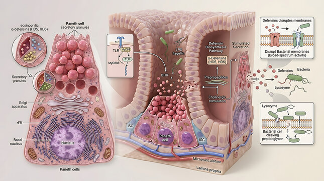 3D Photorealistic Complete Human Intestinal Paneth Cell Anatomy with Defensin Biosynthesis Secretion and Antimicrobial Defense