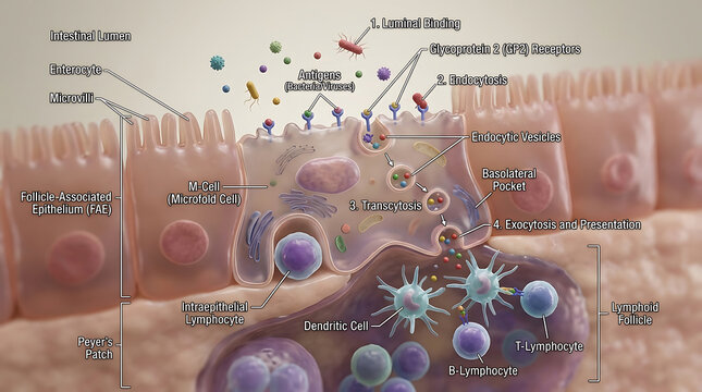 3D Photorealistic Complete Human Intestinal M-cell Anatomy with Antigen Sampling Transcytosis and Immune Surveillance