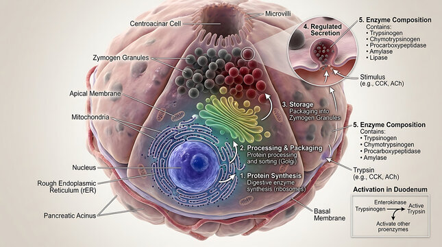 3D Photorealistic Complete Human Pancreatic Acinar Cell Anatomy with Zymogen Granule Biosynthesis Secretion and Enzyme Production