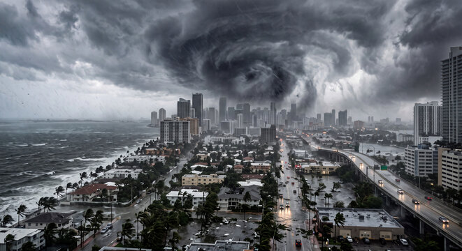 Ein Hurricane w&uuml;tet &uuml;ber einer Stadt: dunkle Wolken in Wirbeln ziehen &uuml;ber die H&auml;user