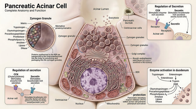3D Photorealistic Complete Human Pancreatic Acinar Cell Anatomy with Zymogen Granule Biosynthesis Secretion and Enzyme Production
