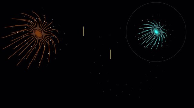 Minimalist geometric fireworks display with colorful glowing particle lines and soft circular motion on alpha chanel 4K animation