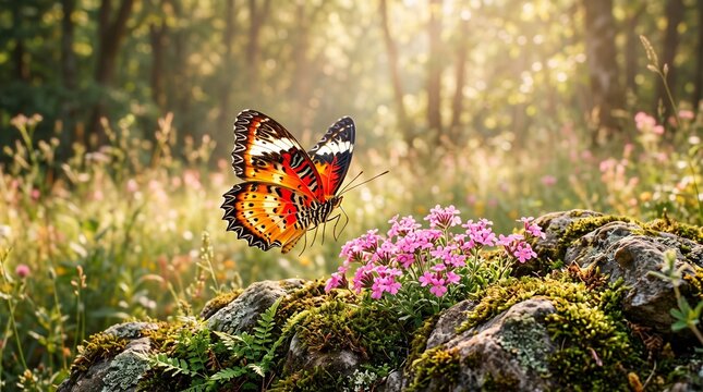 Butterfly on pink flowers