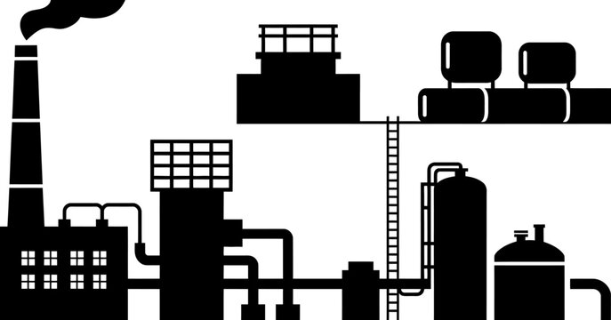 Black and white industrial factory complex with chimney and storage tanks isolated on white background, Vector, illustration