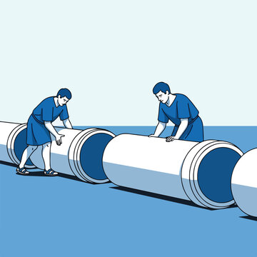 Two people connect large pipes