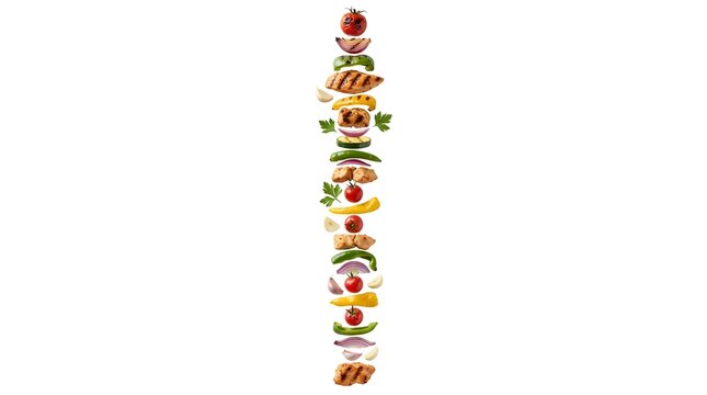 Vertical levitating shish tawook ingredients with grilled chicken, colorful bell peppers, cherry tomatoes, and onions on a white background