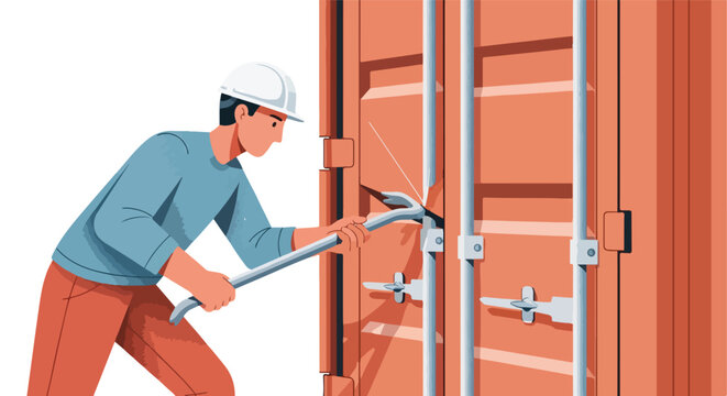 Worker opens large shipping container with crowbar