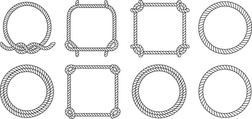 Lasso rope frame silhouette set, round nautical borders with retro cordage knots, intertwined cable designs, decorative western elements, and vintage vector artwork. © ayat