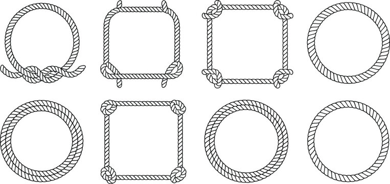 Lasso rope frame silhouette set, round nautical borders with retro cordage knots, intertwined cable designs, decorative western elements, and vintage vector artwork.