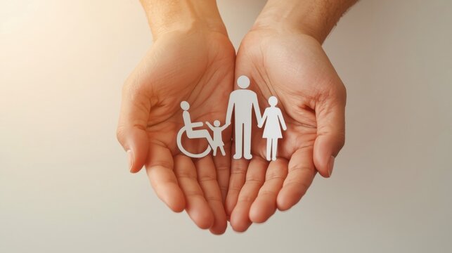 Unas manos que sostienen una familia recortada en papel incluida una figura en silla de ruedas, simbolizando la protecci&oacute;n, la atenci&oacute;n sanitaria y el seguro de vida