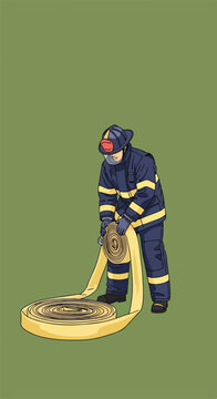 Firefighter in uniform handling a rolled hose