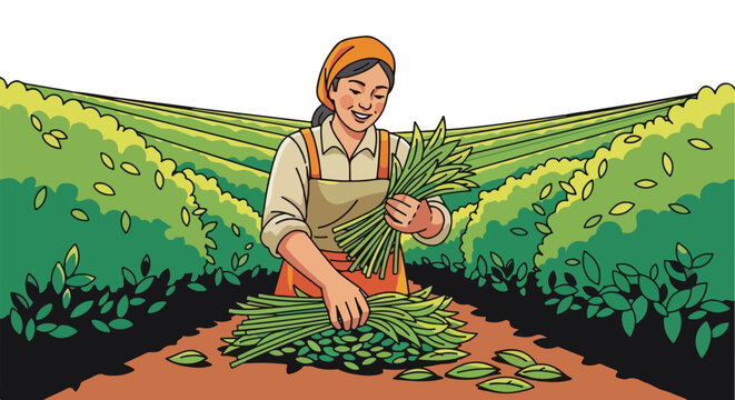 Smiling person harvesting green beans in a field