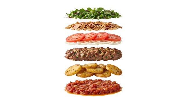 Levantine Kafta Bil Sanieh Deconstructed Layers Isolated on White Background, Middle Eastern Meat Dish with Tomato Sauce, Potatoes and Pine Nuts