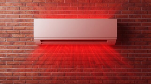 Unidad de aire acondicionado tipo split moderna y blanca, fijada a una pared de ladrillo, que emite corrientes de aire c&aacute;lido rojizo hacia la habitaci&oacute;n