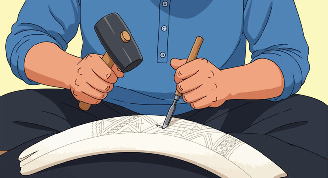 Person carving intricate designs into a large tusk