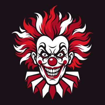 Scary Evil Clown Vector Illustration with Wild Red and White Hair, Sharp Teeth, and Jester Collar on Black Background for Halloween Horror Design Elements