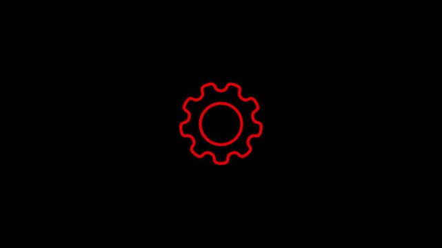 Red neon gear animation rotating on black background, for tech interface, wheel glowing