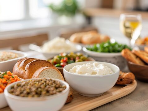 A traditional Jewish meal with kosher-certified food, focusing on kosher compliance and Jewish religious practices, emphasizing kosher food safety and dietary guidelines