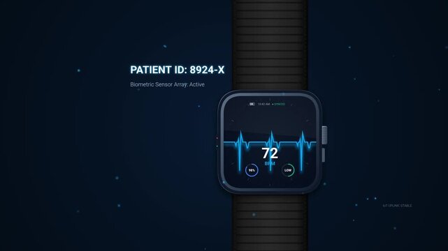 Telemedicine animation of a smartwatch detecting abnormal heart rhythm and transmitting vital data to a remote cardiologist dashboard for atrial fibrillation risk analysis