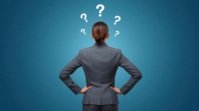 Vista trasera de una empresaria pensativa, vestida con un traje sastre gris, de pie con las manos en la cintura