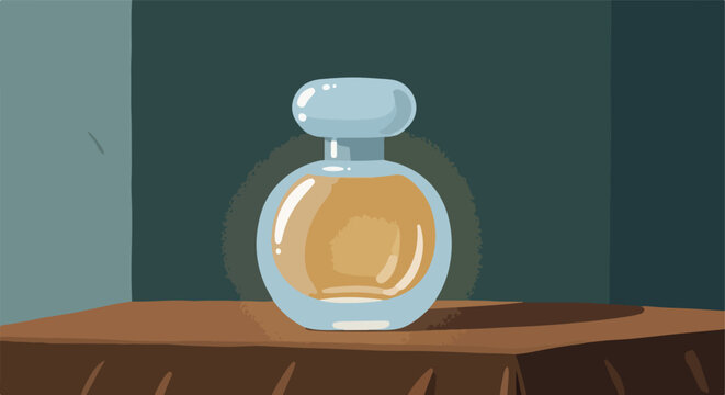 A light blue glass bottle with golden liquid sits on a table