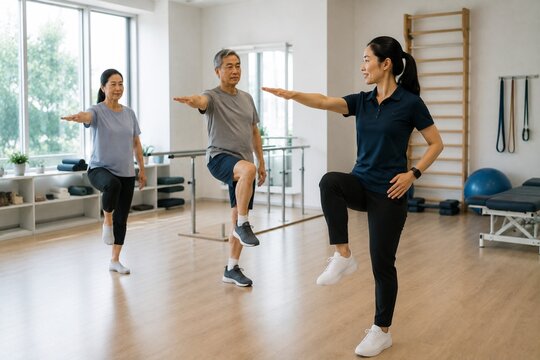 Physical therapist leading small group functional mobility exercise in rehabilitation clinic