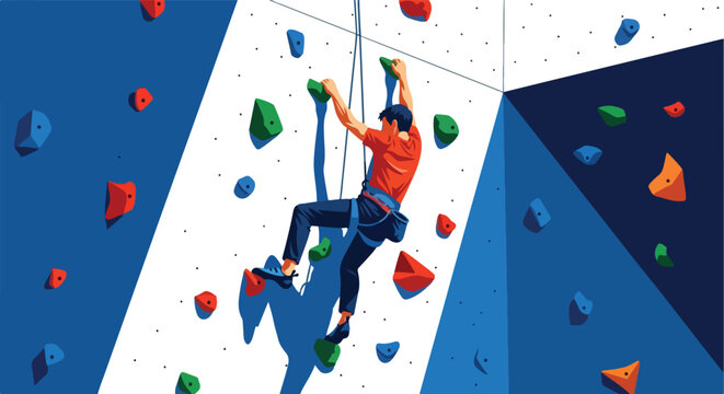 Person climbs artificial rock wall with colorful holds