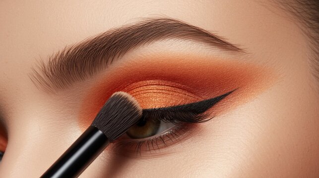 Primer plano de perfil del ojo con sombra de ojos naranja vibrante difuminada desde el p&aacute;rpado hasta la cuenca